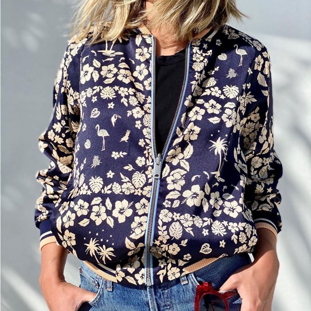 Reversible Scotch & Soda Floral Print Bomber Jacket in Blue and Cream